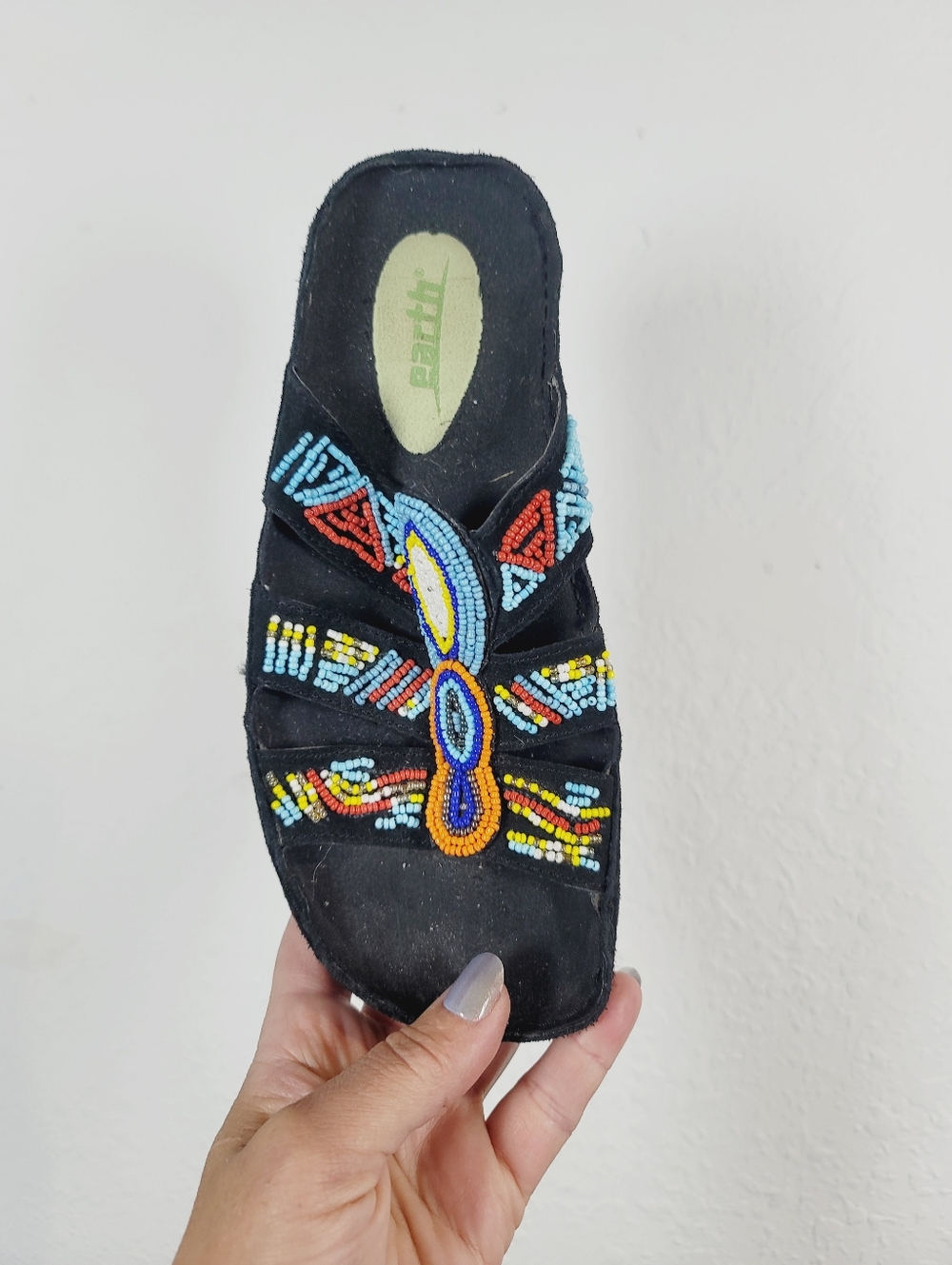 Earth Avani Black Beaded Sandal with Multicolor Accents, Size 6B